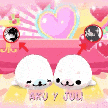 a couple of seals are sitting next to each other on a pink couch .