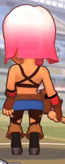 the back of a cartoon character with pink hair and a blue skirt