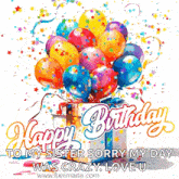 a happy birthday card with balloons and a gift box