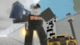a roblox character is holding a large hammer and a boombox