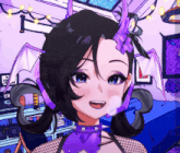 a drawing of a girl with purple horns and a collar that says ' i love you ' on it