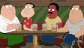 a group of cartoon characters sitting around a table with beer mugs