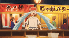 a girl is crying in front of a yellow sign that says ' butter ' on it