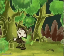 a cartoon character is standing in a forest with trees and shrubs