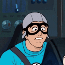 a cartoon character is wearing a helmet and goggles and making a surprised face