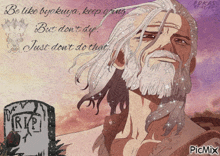 a man with a beard is standing next to a gravestone that says rip on it