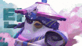 a cartoon character wearing a purple hat with flowers on it stands in front of the letter e.