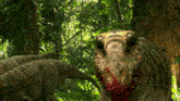 a dinosaur with blood coming out of its mouth is standing in the woods
