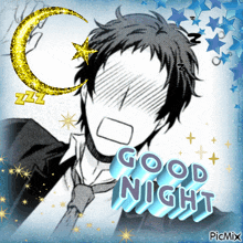 a man with a surprised look on his face is surrounded by stars and the words good night