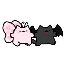 a pink cat with a butterfly wing and a black cat with bat wings .