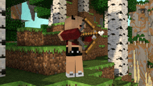 a girl in a red shirt is holding a bow and arrow in a minecraft scene