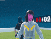 a girl with a purple face is standing in front of a sign that says 0:02