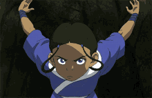 a cartoon of a girl in a blue shirt with her arms up