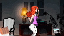 a cartoon woman is dancing in a living room with cn written on the bottom