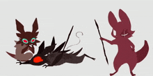 a drawing of a fox holding a stick next to a dead moth
