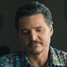 a man with a beard and a plaid shirt is looking at the camera with a green logo that says tales
