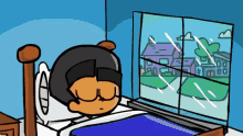 a cartoon of a person sleeping in front of a window with a house in the background