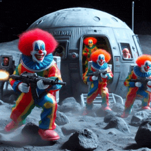 a group of clowns are holding guns in front of a mil toya space ship
