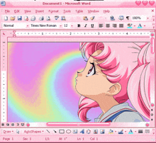 a microsoft word document with a pink anime girl on it