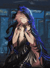 a drawing of a girl with long hair and a stained glass window behind her