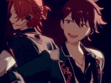 two anime characters standing next to each other with one having red hair