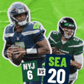 seahawks and new york jets players holding a football