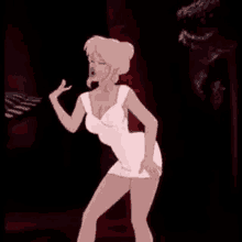 a cartoon woman in a white dress is dancing in a dark room .