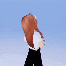 a girl with long red hair is wearing a white shirt and black skirt
