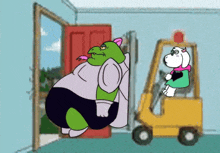 a cartoon of a dog driving a forklift carrying a large green monster