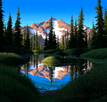 a mountain is reflected in a lake surrounded by trees and grass