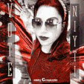 a picture of a woman wearing sunglasses and a headband with the words vote written on it
