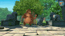 a cartoon of a boy standing next to a bear and a rhino with a sticker that says monica