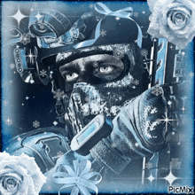 a picture of a man in a ski mask with roses and snowflakes and the words picmix at the bottom