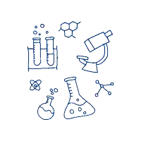 a drawing of a microscope a beaker a test tube and an atom