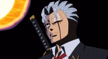 a man in a suit and tie is holding a sword and has blood coming out of his face