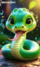 a green snake with its tongue hanging out and the words @smailsm on the bottom right