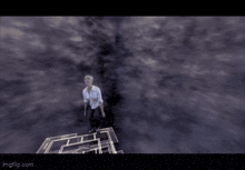 a man in a white shirt is jumping in the air with his arms in the air ..