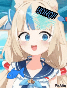 a girl with blonde hair and blue eyes is wearing a sailor outfit with a blue fish and the word yoho on her head