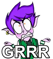 a cartoon character with purple hair and a green jacket says grrr