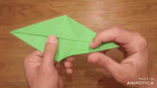 a person is holding a green origami piece that was made in animatica