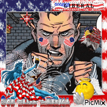 a picture of a man with a statue of liberty and an eagle with the word liberal on it