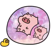 a cartoon of two pigs in a bubble with a yellow rubber duck nearby