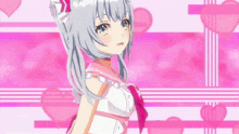 a girl in a white dress is standing in front of a pink background with hearts and stripes