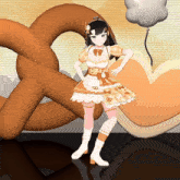 a girl with a pretzel on her head is standing in front of a pretzel and a balloon