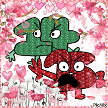 a picture of two cartoon characters with pink hearts and flowers