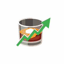 a glass of whiskey with an ice cube and a green arrow pointing up