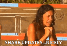a woman sitting on a bench with the words share updates nicely written on the bottom
