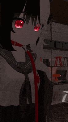 a girl with red eyes is wearing a leash