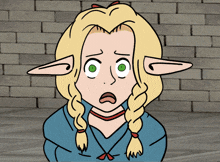 a cartoon character with blonde hair and green eyes