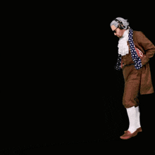a man wearing a wig and sunglasses is dressed in a historical costume